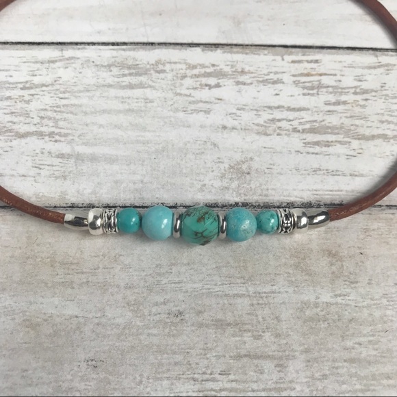 LAST ONE•Hand Crafted Leather & Turquoise Necklace - Picture 2 of 6